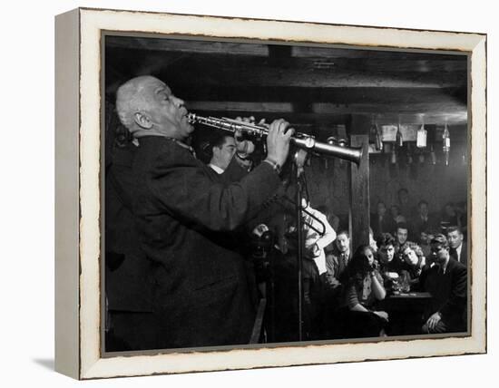 Sidney Bechet Performing in Small Basement Club "Vieux Colombier"-Nat Farbman-Framed Premier Image Canvas