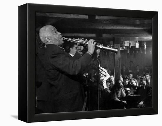 Sidney Bechet Performing in Small Basement Club "Vieux Colombier"-Nat Farbman-Framed Premier Image Canvas