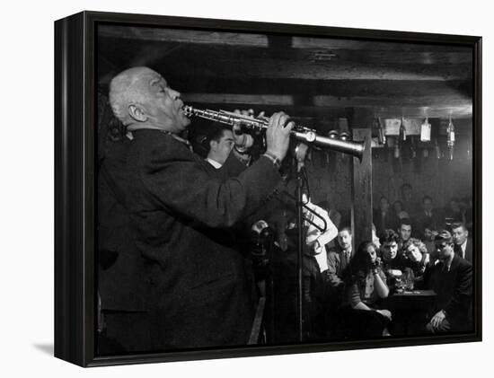 Sidney Bechet Performing in Small Basement Club "Vieux Colombier"-Nat Farbman-Framed Premier Image Canvas