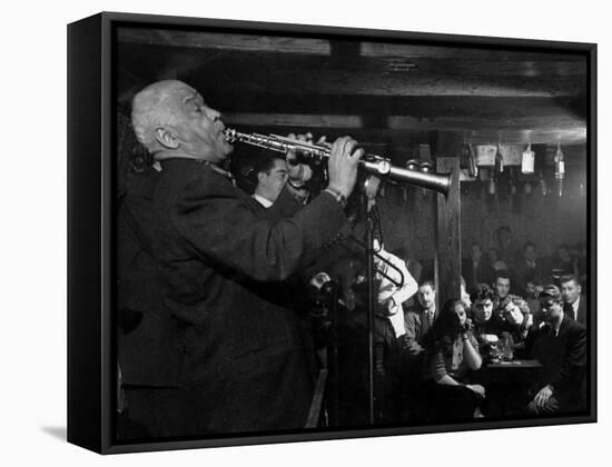 Sidney Bechet Performing in Small Basement Club "Vieux Colombier"-Nat Farbman-Framed Premier Image Canvas