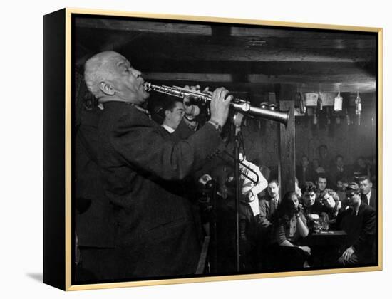 Sidney Bechet Performing in Small Basement Club "Vieux Colombier"-Nat Farbman-Framed Premier Image Canvas