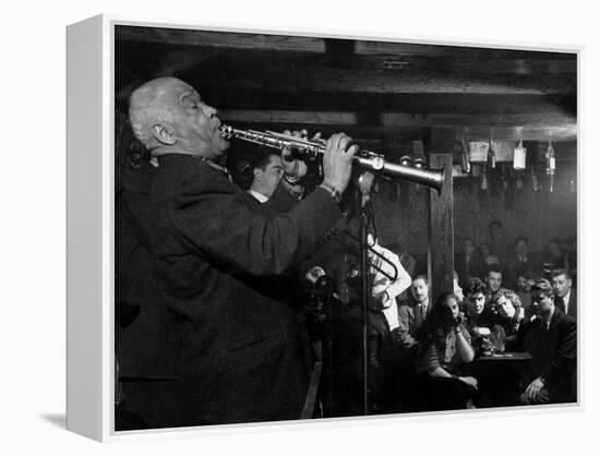 Sidney Bechet Performing in Small Basement Club "Vieux Colombier"-Nat Farbman-Framed Premier Image Canvas