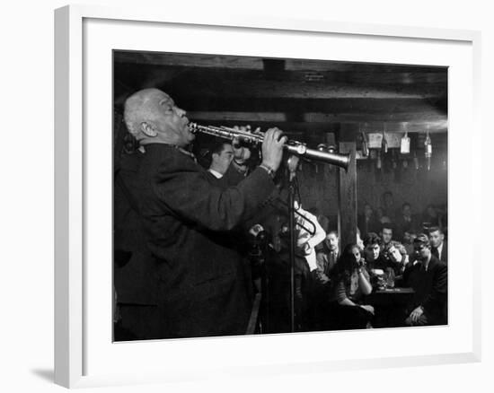 Sidney Bechet Performing in Small Basement Club "Vieux Colombier"-Nat Farbman-Framed Premium Photographic Print