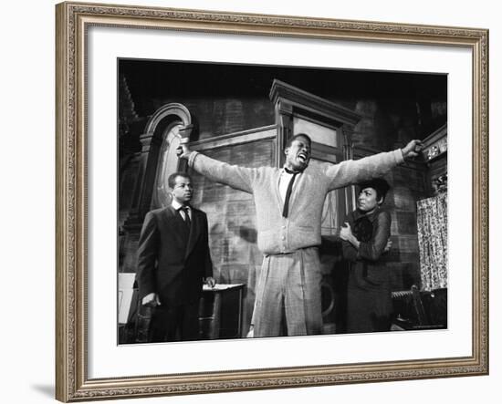 Sidney Poitier in Dramatic Scene from Play "A Raisin in the Sun", Actress Ruby Dee Visible on Right-Gordon Parks-Framed Premium Photographic Print