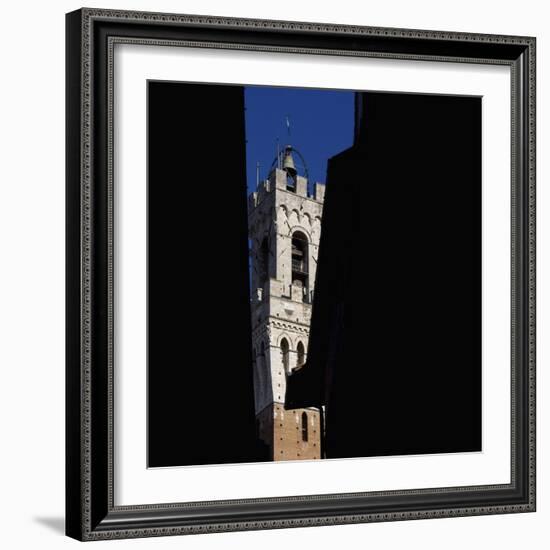 Siena Architectural Details. Glimpse of Crenellated Tower with Bell-Mike Burton-Framed Photographic Print