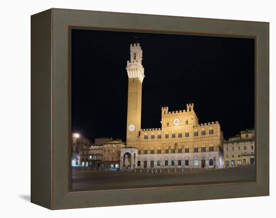 Siena Landmark Night Photo. Piazza Del Campo and Mangia Tower. Tuscany, Italy-stevanzz-Framed Premier Image Canvas