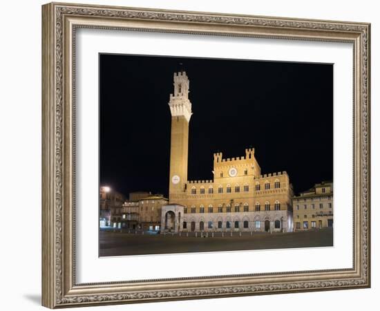 Siena Landmark Night Photo. Piazza Del Campo and Mangia Tower. Tuscany, Italy-stevanzz-Framed Photographic Print
