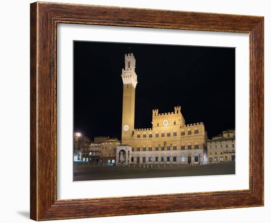 Siena Landmark Night Photo. Piazza Del Campo and Mangia Tower. Tuscany, Italy-stevanzz-Framed Photographic Print