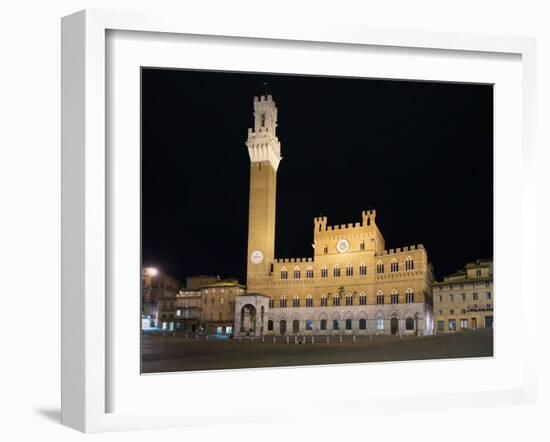 Siena Landmark Night Photo. Piazza Del Campo and Mangia Tower. Tuscany, Italy-stevanzz-Framed Photographic Print