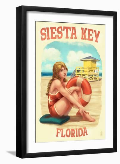 Siesta Key, Florida - Lifeguard Pinup with Life Preserver-Lantern Press-Framed Art Print