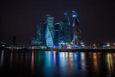 Picturesque Night View of the Moscow City across the River Moscow with Reflection in Water,-siete_vidas-Framed Photographic Print