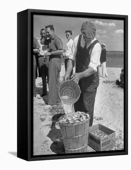 Sights of a Typical Summer at Cape Cod: Watering Clams to Aid the Steaming for Clambake-null-Framed Premier Image Canvas