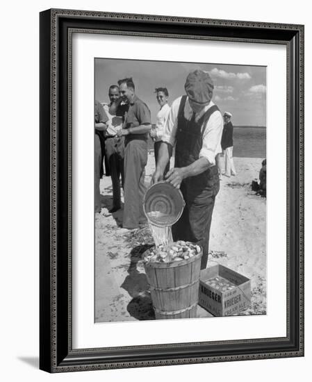 Sights of a Typical Summer at Cape Cod: Watering Clams to Aid the Steaming for Clambake-null-Framed Photographic Print