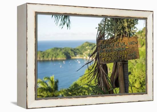 Sign asking not to trash most beautiful view in world, Castara Bay, Tobago, Trinidad and Tobago-Alex Treadway-Framed Premier Image Canvas