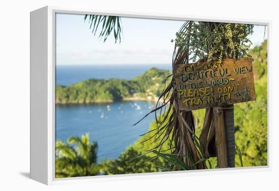 Sign asking not to trash most beautiful view in world, Castara Bay, Tobago, Trinidad and Tobago-Alex Treadway-Framed Premier Image Canvas
