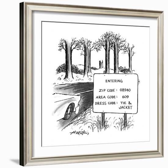 Sign by the side of the road that reads, 'ENTERING  ZIP CODE: 08540; AREA ? - New Yorker Cartoon-Henry Martin-Framed Premium Giclee Print