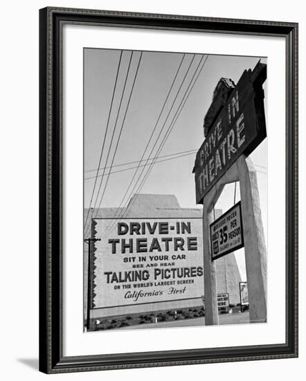Sign For the World's Largest Screen at Entrance to Drive in Theatre, Admission 35 Cents a Person-Peter Stackpole-Framed Photographic Print