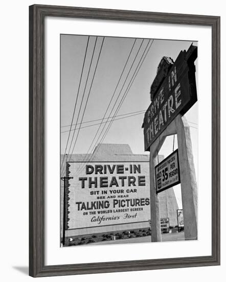 Sign For the World's Largest Screen at Entrance to Drive in Theatre, Admission 35 Cents a Person-Peter Stackpole-Framed Photographic Print