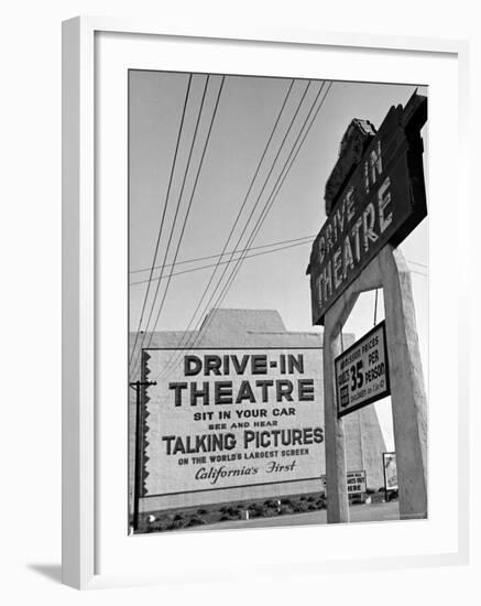 Sign For the World's Largest Screen at Entrance to Drive in Theatre, Admission 35 Cents a Person-Peter Stackpole-Framed Photographic Print