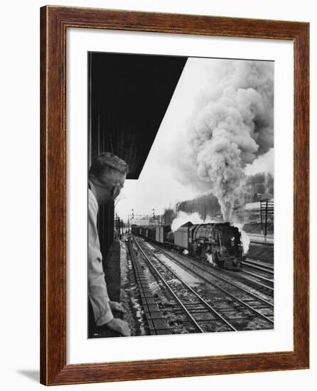 Signalman Nick Carter Watching Oncoming train at Station on the New York Central's Mohawk Division-Alfred Eisenstaedt-Framed Photographic Print