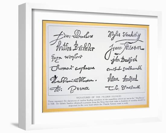 Signatures of the Pilgrim Fathers on the 'Mayflower Compact' of 1620 (Litho)-American-Framed Giclee Print