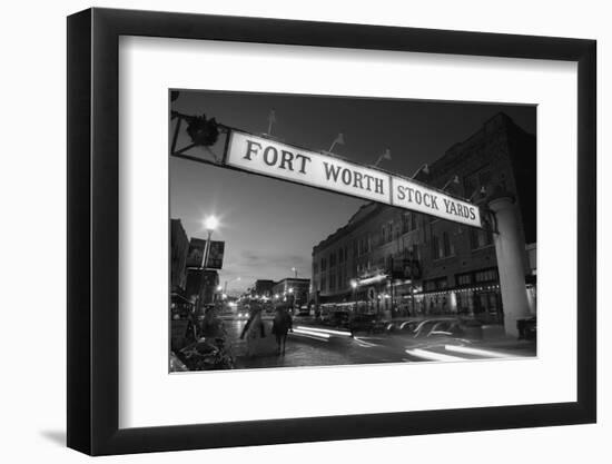 Signboard over a road at dusk, Fort Worth Stockyards, Fort Worth, Texas, USA-null-Framed Premium Photographic Print