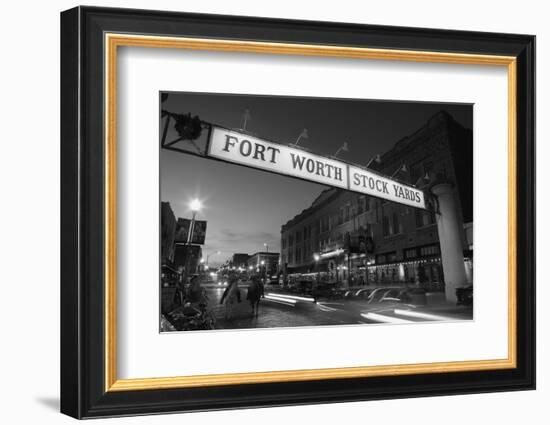 Signboard over a road at dusk, Fort Worth Stockyards, Fort Worth, Texas, USA-null-Framed Premium Photographic Print