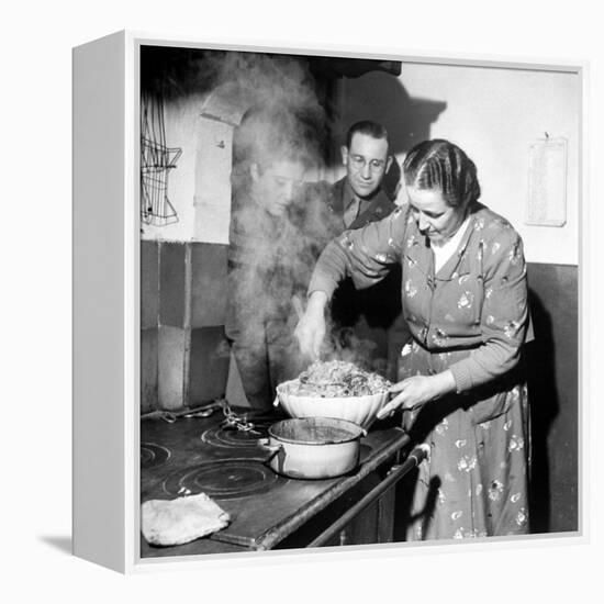 Signora Socci Cooking Spaghetti Dinner for American Sergeant Alexander before He Leaves-John Phillips-Framed Premier Image Canvas
