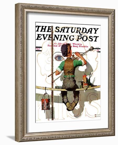 "Signpainter" Saturday Evening Post Cover, February 9,1935-Norman Rockwell-Framed Giclee Print