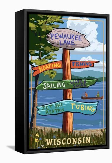 Signpost Destinations - Pewaukee Lake, Wisconsin-Lantern Press-Framed Stretched Canvas