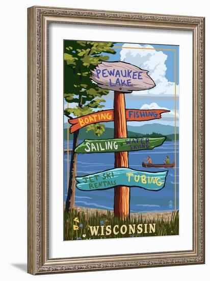 Signpost Destinations - Pewaukee Lake, Wisconsin-Lantern Press-Framed Art Print