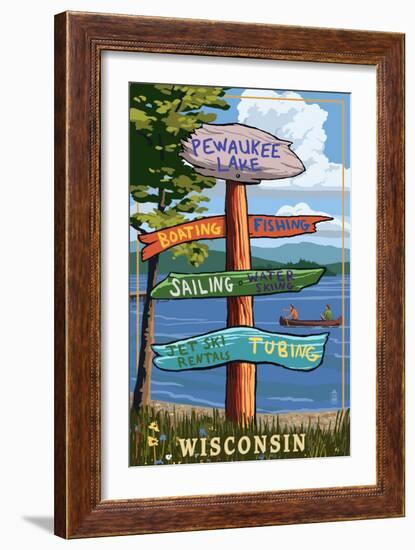 Signpost Destinations - Pewaukee Lake, Wisconsin-Lantern Press-Framed Art Print