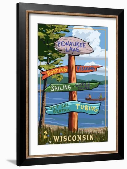 Signpost Destinations - Pewaukee Lake, Wisconsin-Lantern Press-Framed Art Print