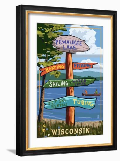 Signpost Destinations - Pewaukee Lake, Wisconsin-Lantern Press-Framed Art Print