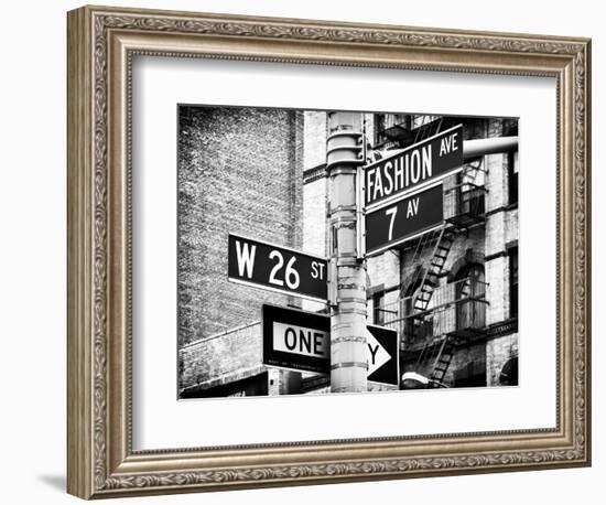 Signpost, Fashion Ave, Manhattan, New York City, United States, Black and White Photography-Philippe Hugonnard-Framed Photographic Print