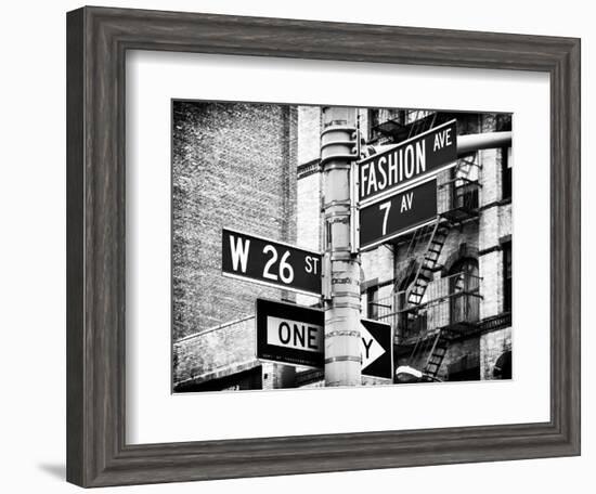 Signpost, Fashion Ave, Manhattan, New York City, United States, Black and White Photography-Philippe Hugonnard-Framed Photographic Print