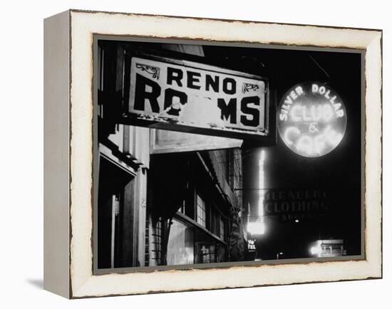 Signs for Reno Rooms, Silver Dollar Club, and Cafe at Night, for Workers of Grand Coulee Dam-Margaret Bourke-White-Framed Premier Image Canvas