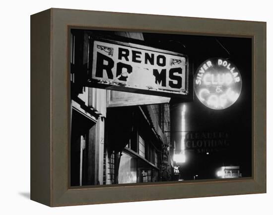 Signs for Reno Rooms, Silver Dollar Club, and Cafe at Night, for Workers of Grand Coulee Dam-Margaret Bourke-White-Framed Premier Image Canvas