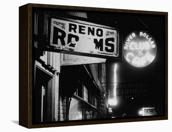 Signs for Reno Rooms, Silver Dollar Club, and Cafe at Night, for Workers of Grand Coulee Dam-Margaret Bourke-White-Framed Premier Image Canvas