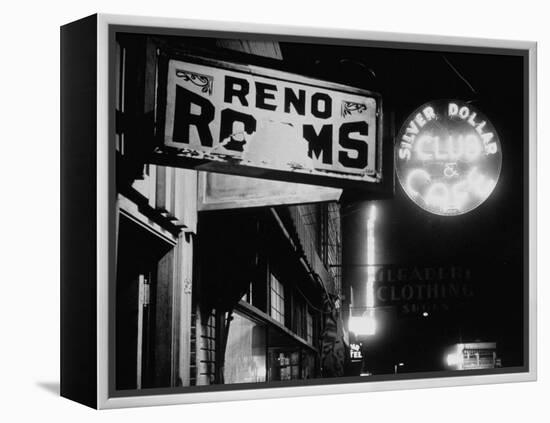 Signs for Reno Rooms, Silver Dollar Club, and Cafe at Night, for Workers of Grand Coulee Dam-Margaret Bourke-White-Framed Premier Image Canvas