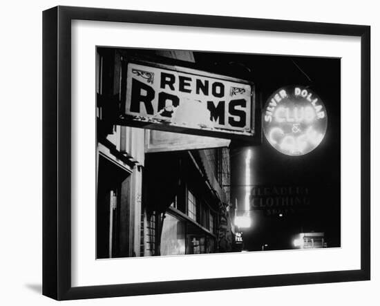 Signs for Reno Rooms, Silver Dollar Club, and Cafe at Night, for Workers of Grand Coulee Dam-Margaret Bourke-White-Framed Photographic Print