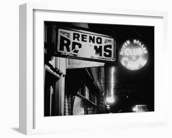 Signs for Reno Rooms, Silver Dollar Club, and Cafe at Night, for Workers of Grand Coulee Dam-Margaret Bourke-White-Framed Photographic Print