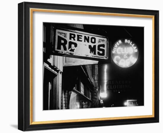 Signs for Reno Rooms, Silver Dollar Club, and Cafe at Night, for Workers of Grand Coulee Dam-Margaret Bourke-White-Framed Photographic Print