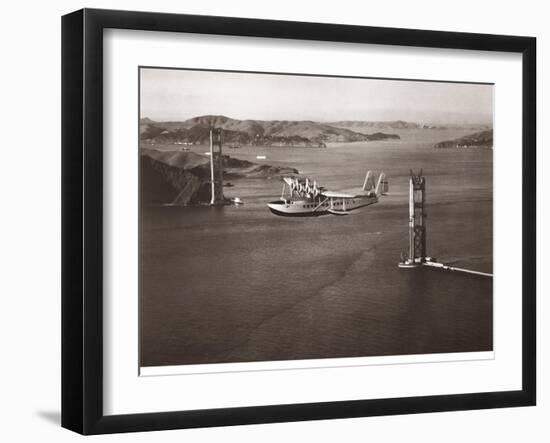 Sikorsky S-42 through the Golden Gate under Construction, San Francisco, 1935-Clyde Sunderland-Framed Art Print