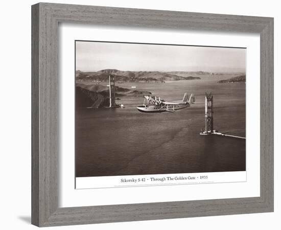 Sikorsky S-42 through the Golden Gate under Construction, San Francisco, 1935-Clyde Sunderland-Framed Art Print