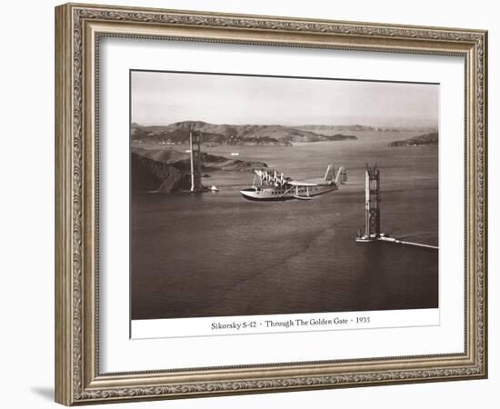 Sikorsky S-42 through the Golden Gate under Construction, San Francisco, 1935-Clyde Sunderland-Framed Art Print