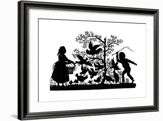 Silhouette - Children and Birds-null-Framed Giclee Print