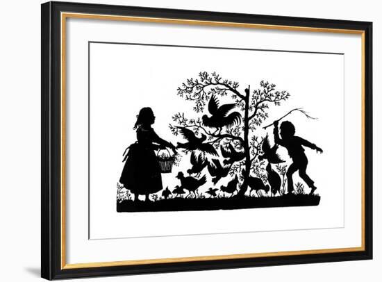 Silhouette - Children and Birds-null-Framed Giclee Print