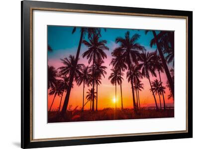 Silhouette Coconut Palm Trees on Beach at Sunset. Vintage Tone ...