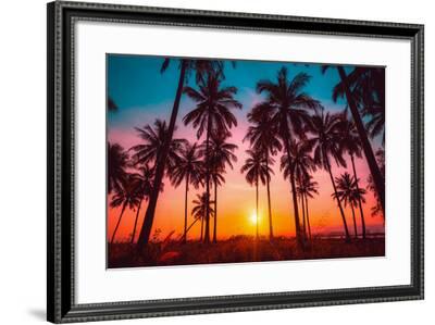 Silhouette Coconut Palm Trees on Beach at Sunset. Vintage Tone ...